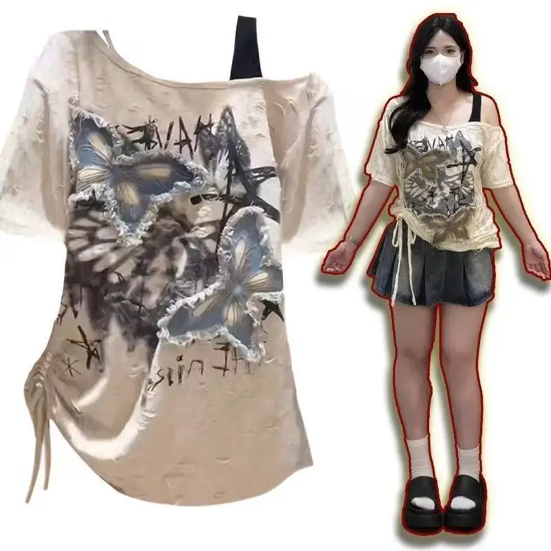 ダーククロスプリント斜めショルダー Tシャツ女性ヒップホップアメリカンレトロスパイスガールトップス夏韓国だぶだぶ半袖