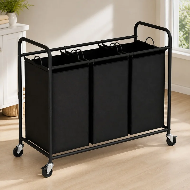 3-Bag Rolling Laundry Sorter Hamper, 63.4-Gallon Heavy-Duty Laundry Cart with Removable Bags & Lockable Wheels, Durable Fabric L