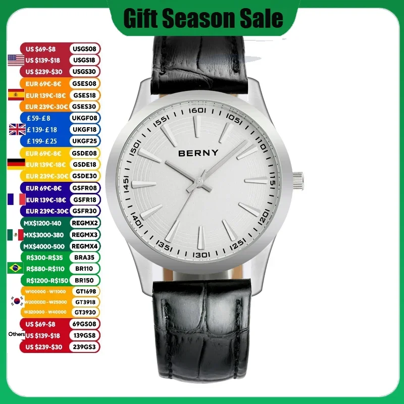 BERNY Business Watch for Men Leather Strap Fashion Quartz Wristwatch Luxury Men Watches Waterproof  Reloj Hombre