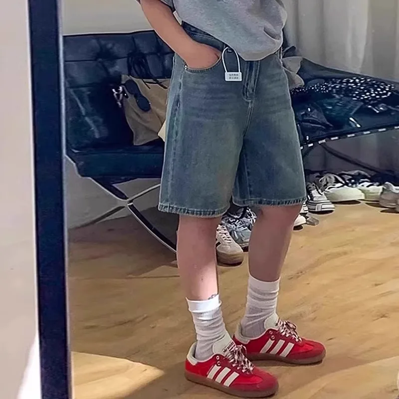 Retro High Waist Blue Jeans Short Pants Women's Loose Fit Slimming Five-Quarter Straight Leg Trousers Student Wide Leg Jeans