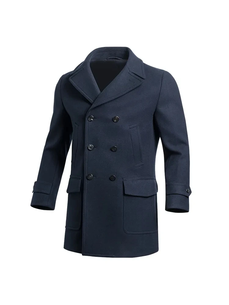 AI NI YA Autumn/Winter New American Retro Navy Blue Woolen Men\'s Coat Slim Fit Mid length Business Casual Windproof Coat