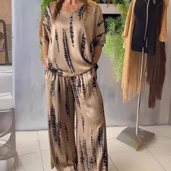 Spring Casual Print Wide Leg Pants Set Women 2 Pieces Sexy V Neck Short-sleeved T Shirt Outfit Summer Vintage Loose Street Suits