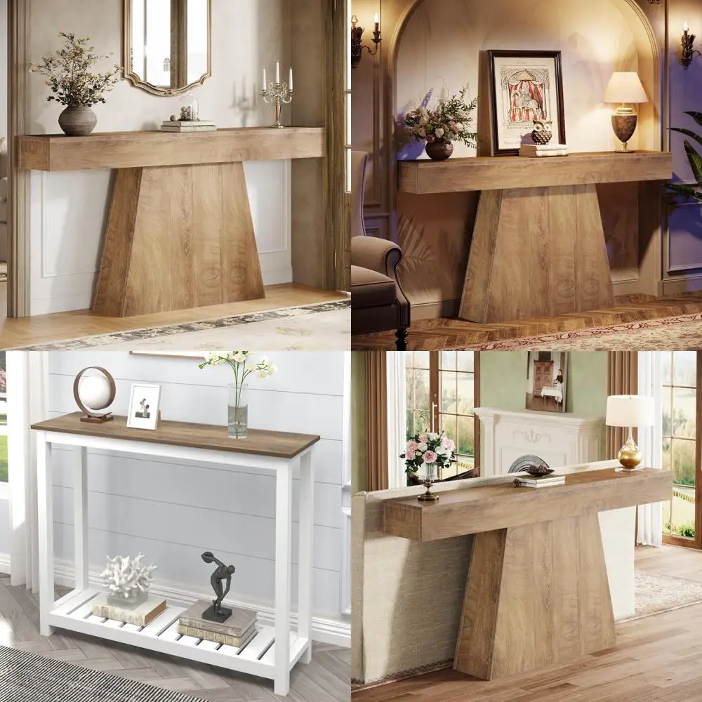 طاولة وحدة تحكم ذات مدخل طويل ضيقة على طراز المزرعة مع قاعدة شبه منحرفة للأريكة خلف الأريكة، طاولة أريكة خشبية #1