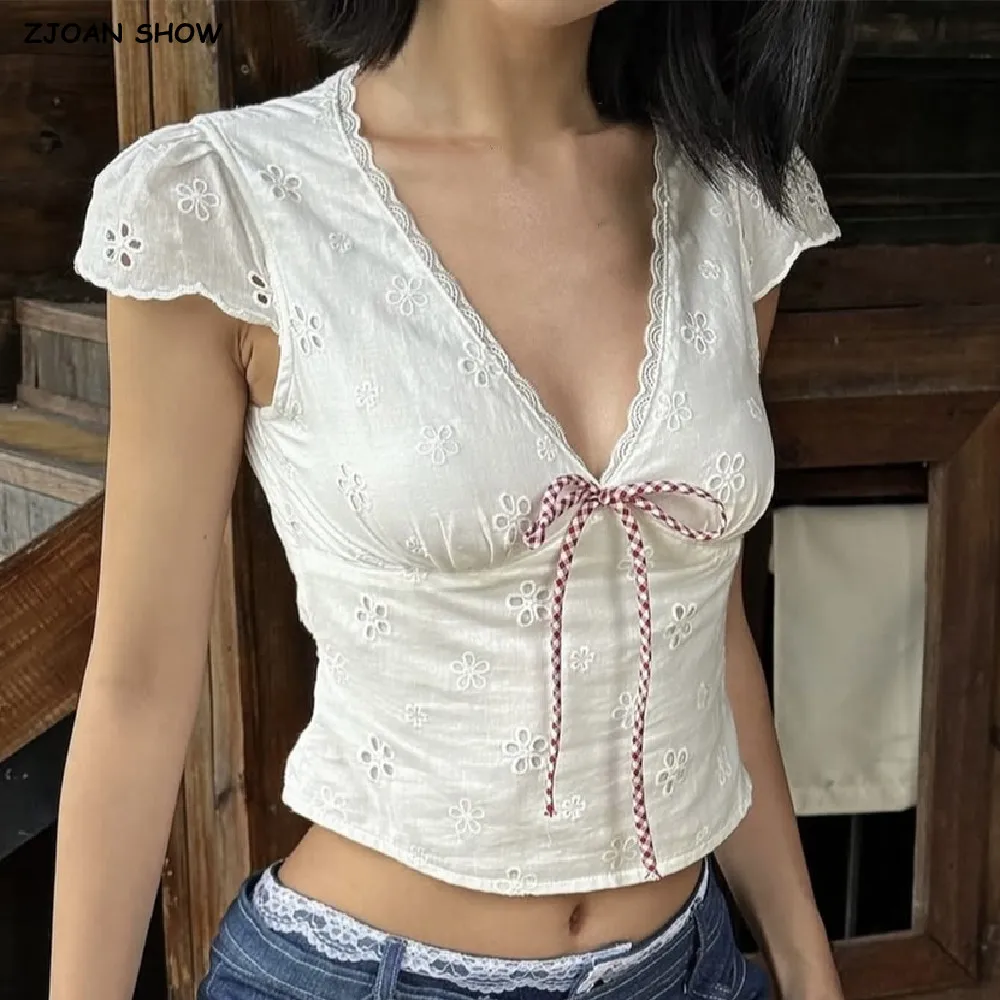 

Sexy White Embroidery Hole Lace Spliced Red Bow V neck Short Puff Sleeve Shirt Women Lacing Up Sashes Back side Zipper Crop Tops