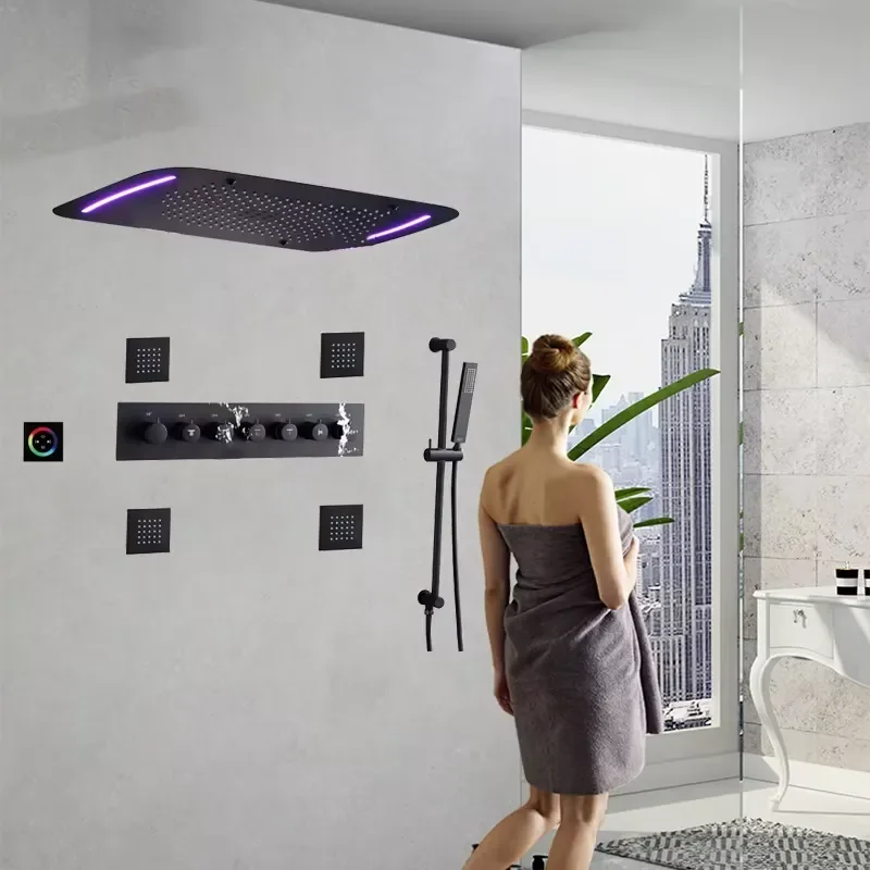 Hot Sale Black Music Bath Mixer Shower System Copper Celling Shower Head with Rain Jet Soft Spray Patterns