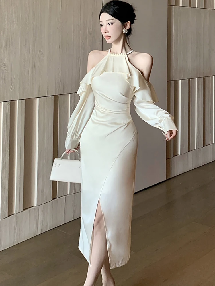 Autumn Winter White Satin Ruffled Neck-mounted Sexy Dress Women Elegant Luxury Evening Dress 2025 Korean Vintage Bodycon Dresses