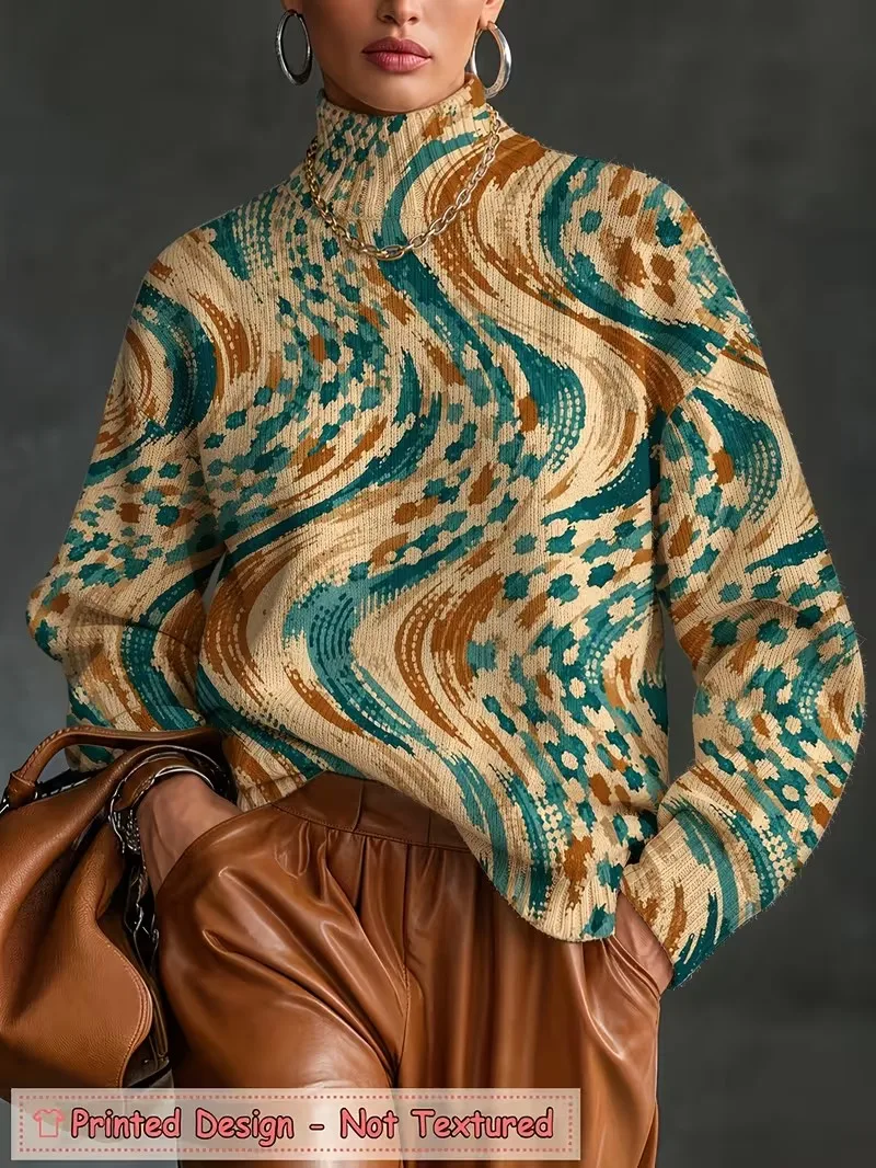 Women Turtleneck Sweatshirt Abstract Swirl Wave Print Long Sleeve Pullover Casual Loose Ladies Autumn Winter Tops T shirts