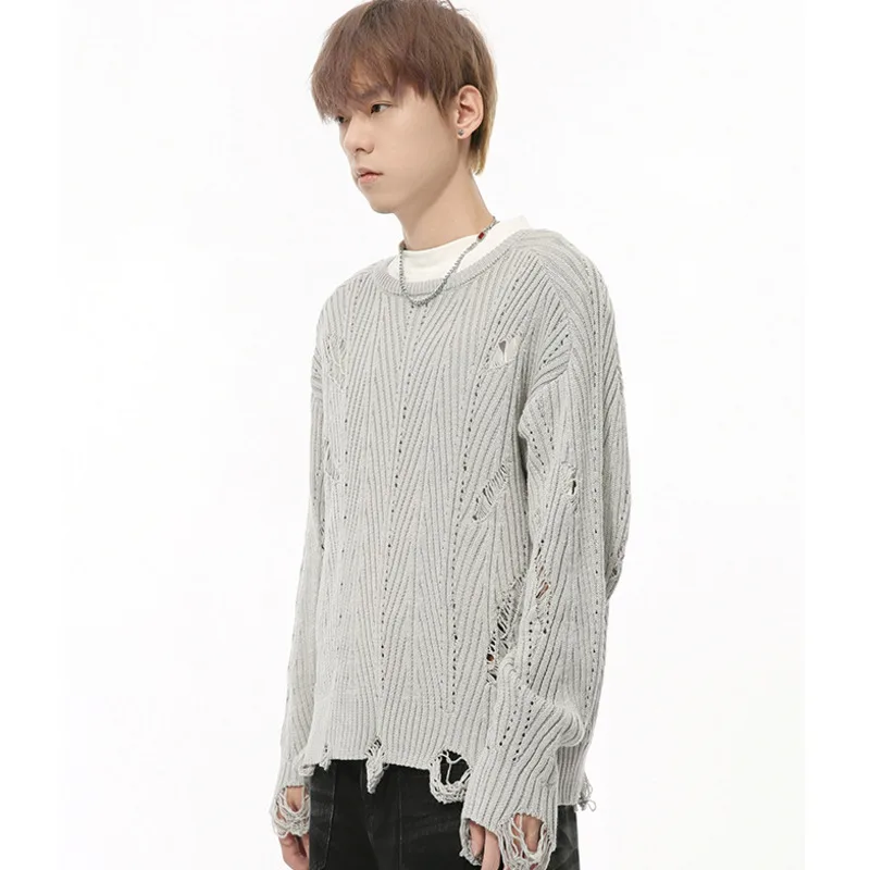 SYUHGFA Korean Style Men's Sweaters Casual Round Collar Irregular Hole Design Loose Pullover Tops New Trendy Male Knits 2024