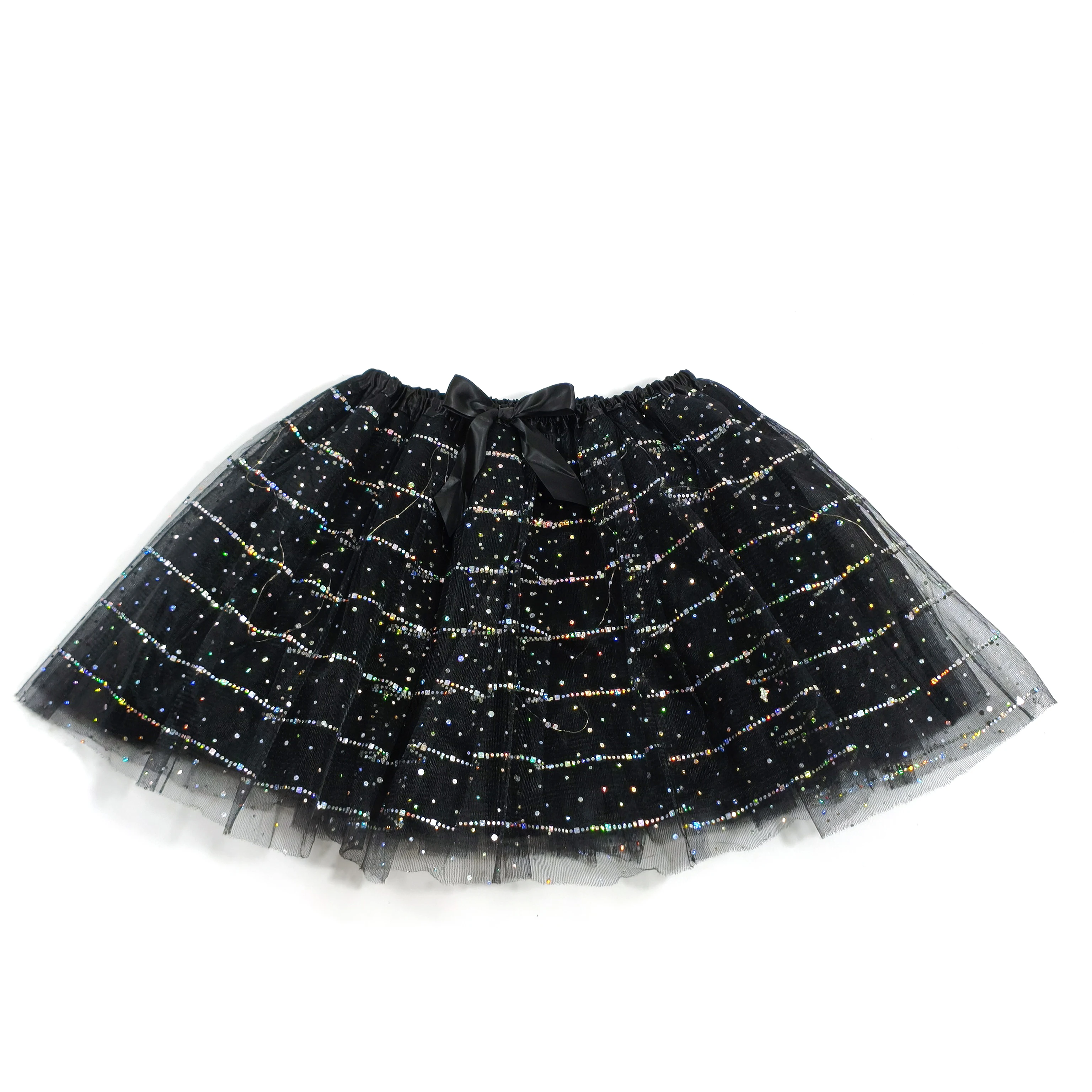Ladies Black Shiny Sequin Tulle Skirt with Butterfly Knot Elastic Waist Half-length Short Skirt for Halloween Party Stage Perfor