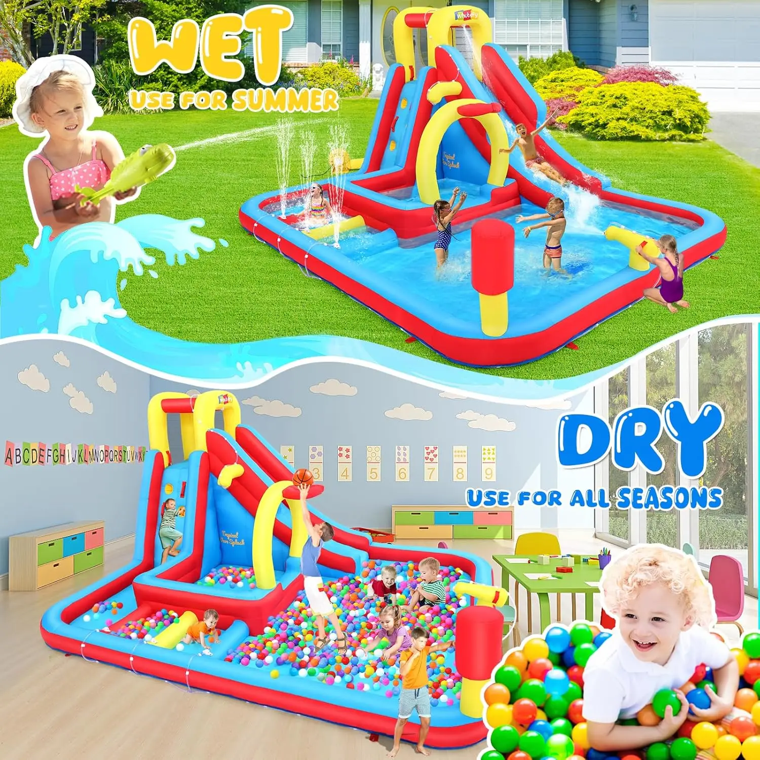 Inflatable Water Slide Bounce House, 13.2x10Ft 13-in-1 Bounce House Obstacle Course Waterslides, Summer Fun w/Boxing Pole/Slide/