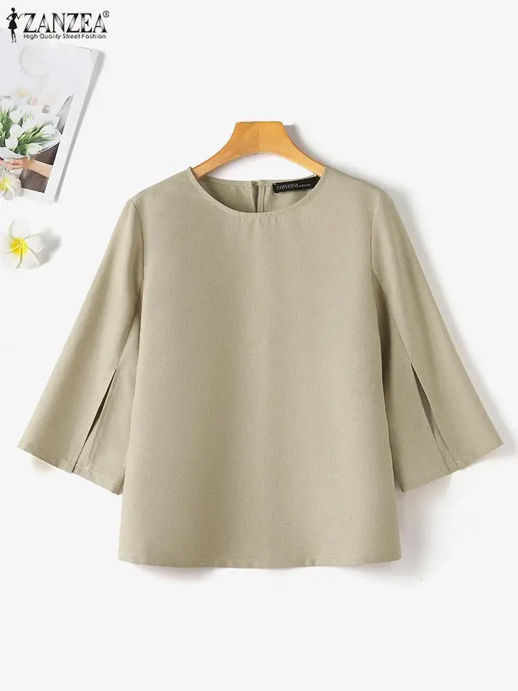 ZANZEA Fashion 3/4 Sleeve Crewneck Blusas Women Solid Blouse Casual Loose Split Cuff Tops 2024 Summer Korean Holiday Tunics