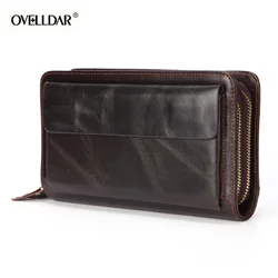 Men's Long Handbag Business Vintage Cow Leather Man Wallet Brand Long Wallet For Man Oil Wax Double Zipper Bag Male Purse