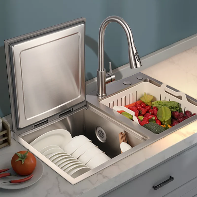 3-In-1 overhead dishwasher, compact design, stainless steel tank body, odor-free storage space, child safety lock