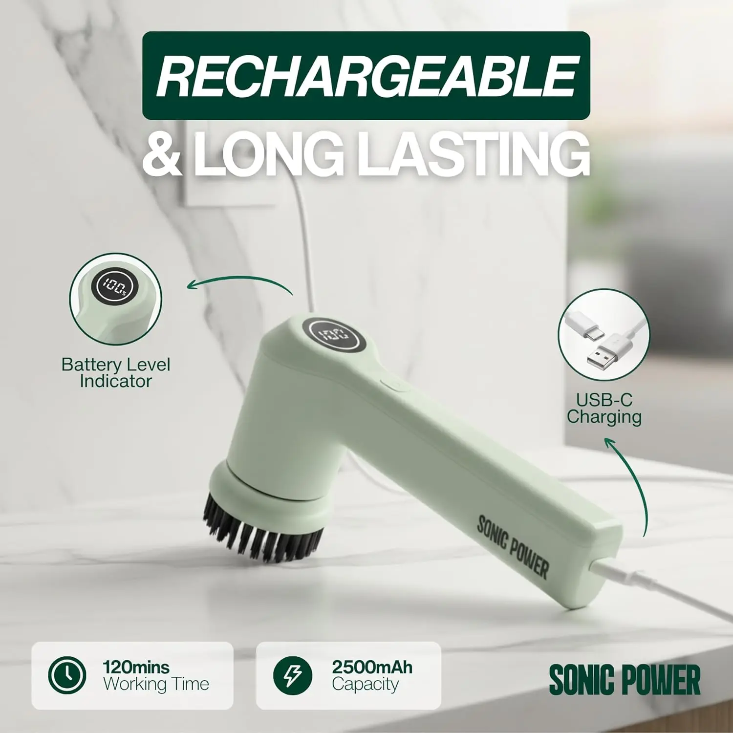 電動スピンスクラバー、ハンドヘルド＆人間工学に基づいたデザイン、IPx7防水、4つの多目的アタッチメント、長持ちする充電式バッテリー |