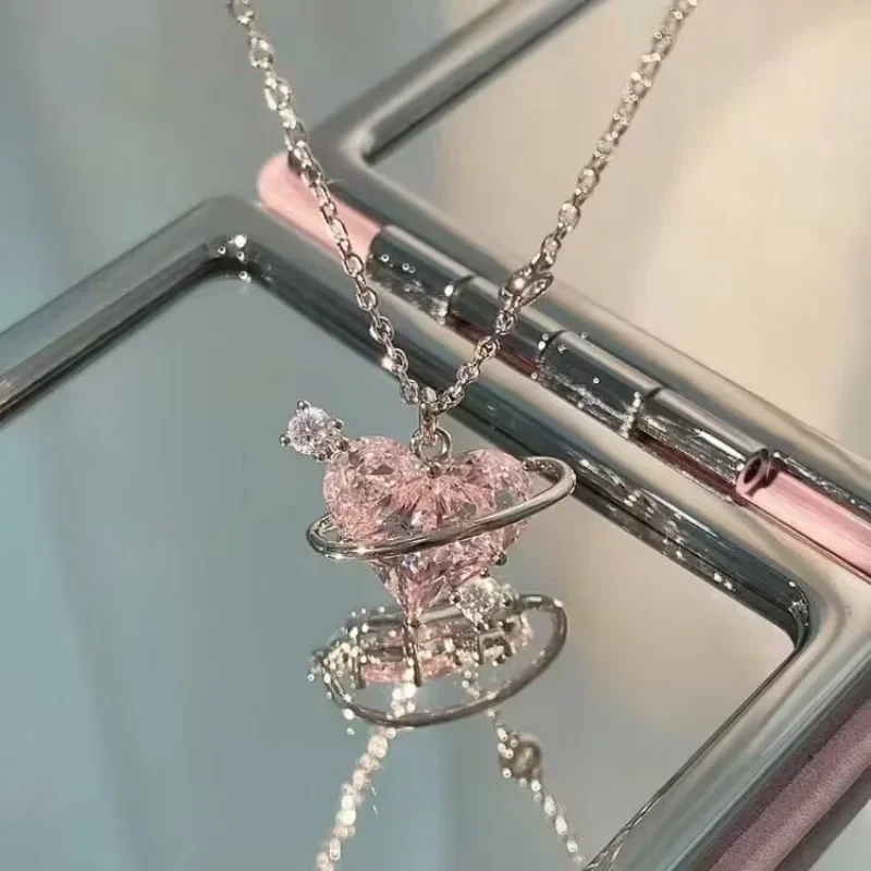Colliers en argent pour femmes, pendentif en forme de cœur en Zircon rose, cristal, bijoux pour femmes, cadeau exquis