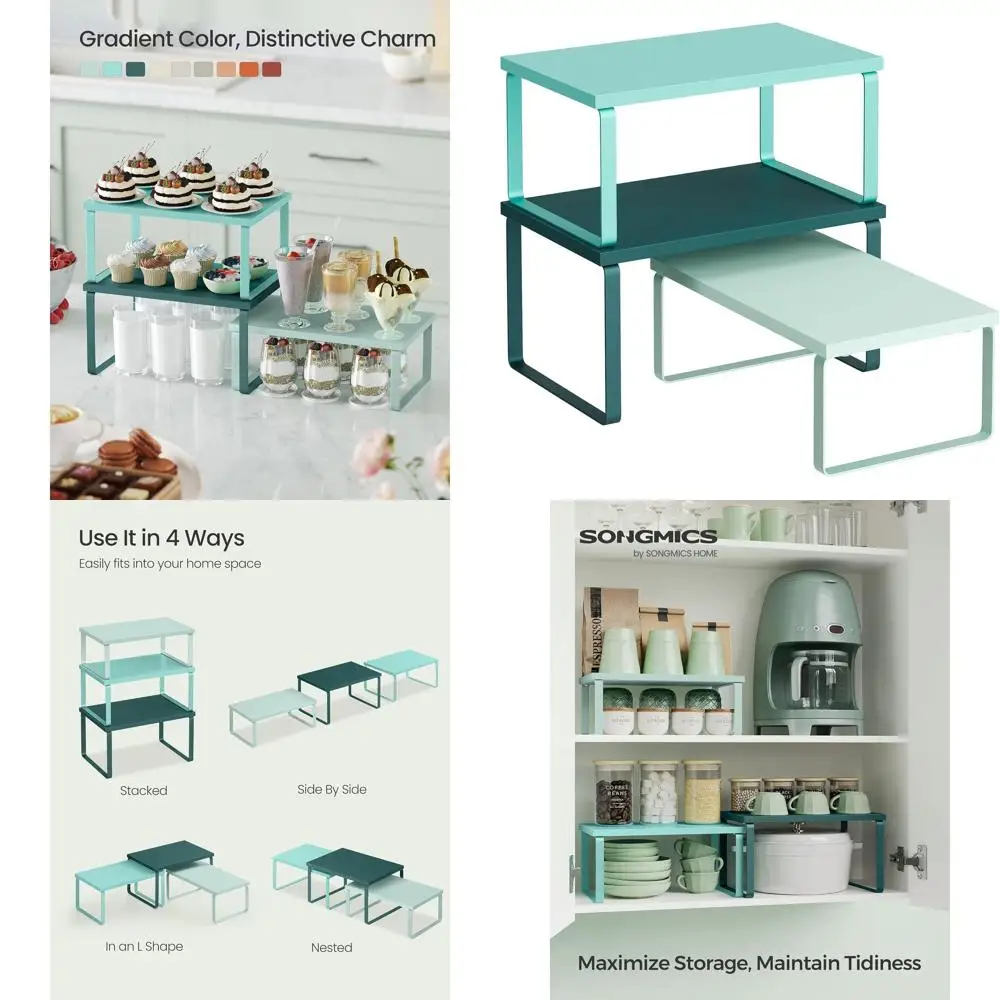 

Stackable Kitchen Storage Shelves, 3-Tier Spice Rack Organizer, Expandable Counter Shelving, Green UKCS220C01