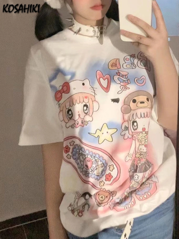 Women Japanese Cartoon Print Kawaii Graphic Shirts Oversized White Streetwear Grunge T Shirts Y2k Aesthetic Casual Harajuku Tops