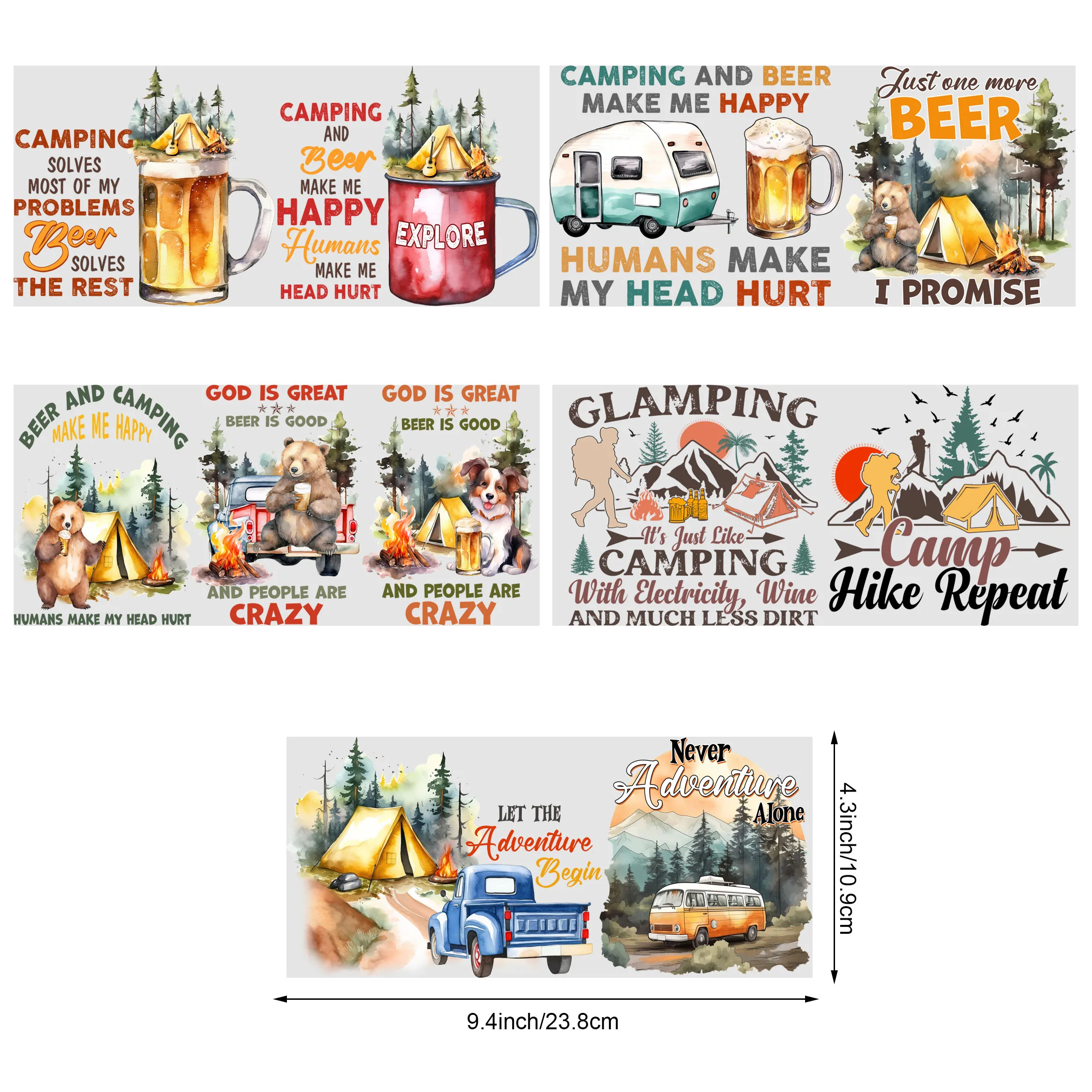 5sheets Camping Themed UV DTF Cup Stickers, Waterproof Sticker Pack For Decorating Mugs, Cups, Bottles, School Supplies, Etc