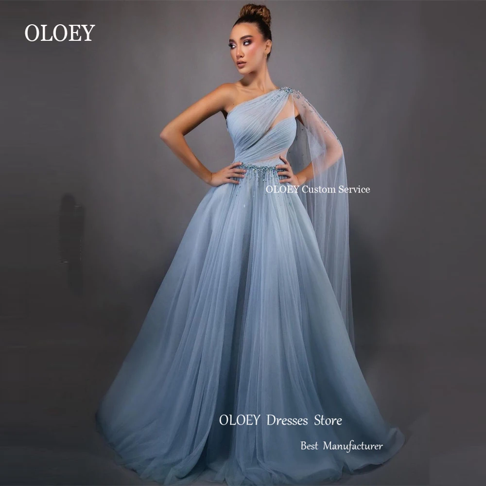 

OLOEY Shiny Beads Tulle Dusty Blue Long Prom Dresses Dubai Arabic Women Long Cape Sleeves Evening Gowns Formal Party Dress