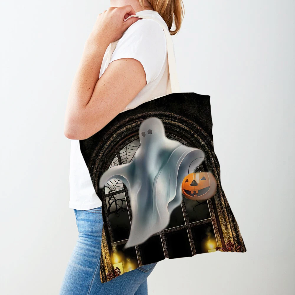 Sac à provisions en toile à double impression Happy Halloween pour femmes, sacs à provisions décontractés pour dames, sacs à main fourre-tout de voyage pour fille, crâne de dessin animé et Aliments