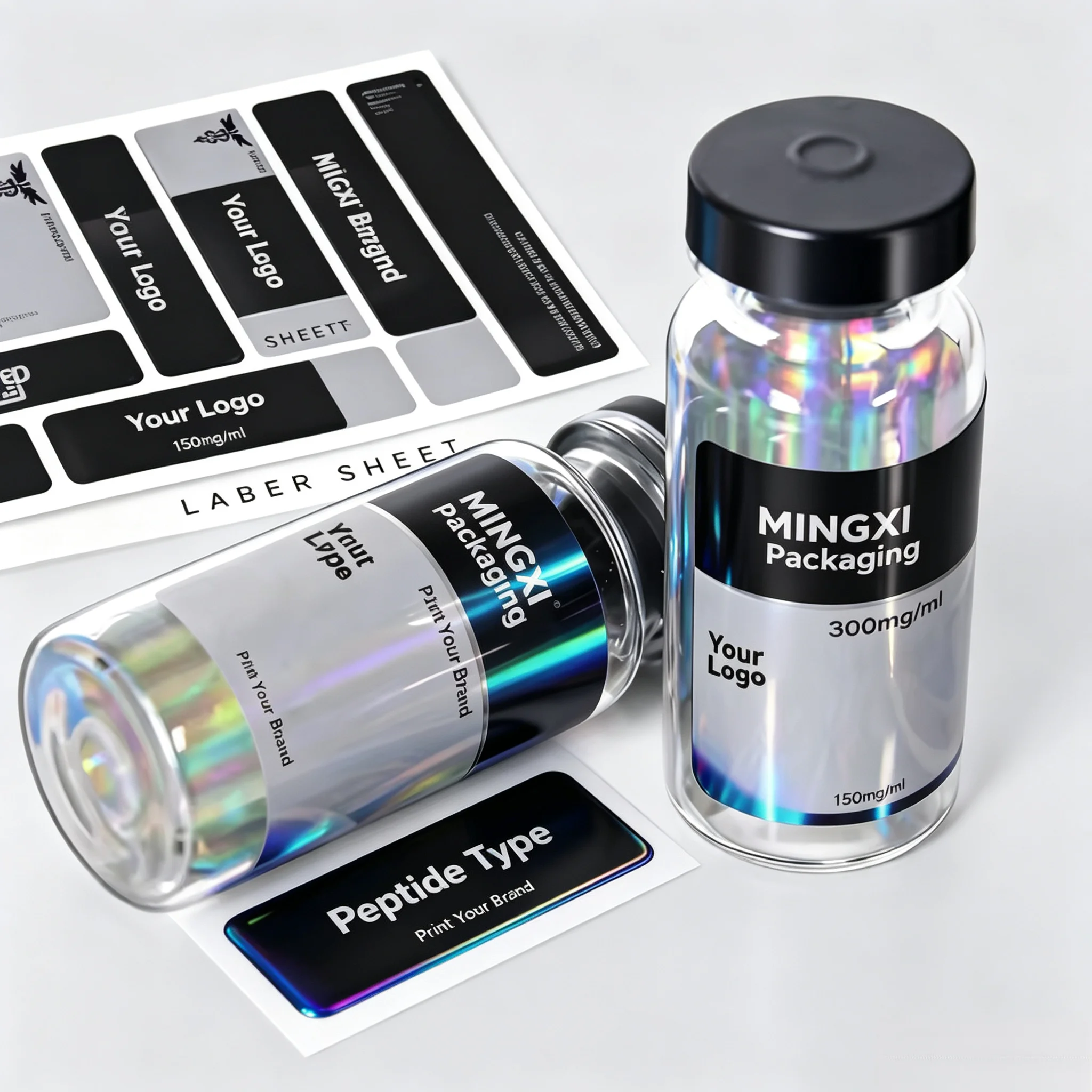 Custom Anti‑counterfeit Holographic Process Vinyl Stickers High‑adhesive Premium Peptide Bottle Labels For 3ml 5ml 10ml Health S
