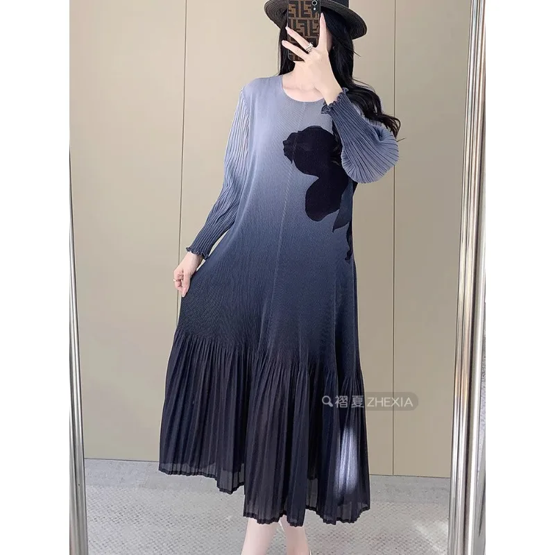 GGHK 女性のエレガントなドレスラウンドネック長袖花柄プリントデザインルーズ大きいサイズのファッションカジュアル女性ドレス 2025 夏