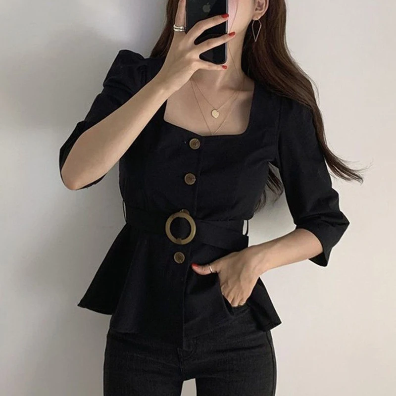 Primavera 2023: Camisa Feminina com Cintura Marcada, Design Sensacional, Blusa Estilo Saia Justa, Cor Pura, Gola Quadrada, Ma...