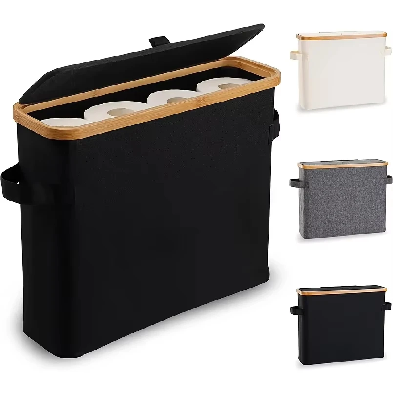 Porte-papier hygiénique pliable en bambou avec poignée, panier organisateur de salle de bain autonome avec poignée pour mouchoirs et accessoires