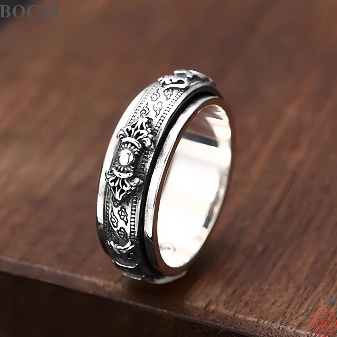BOCAI NEW S925 Sterling Silver Charms Rings for Men Antique Six Character Mantra Vajra Pestle Rotating Ring Fine Choice Jewelry
