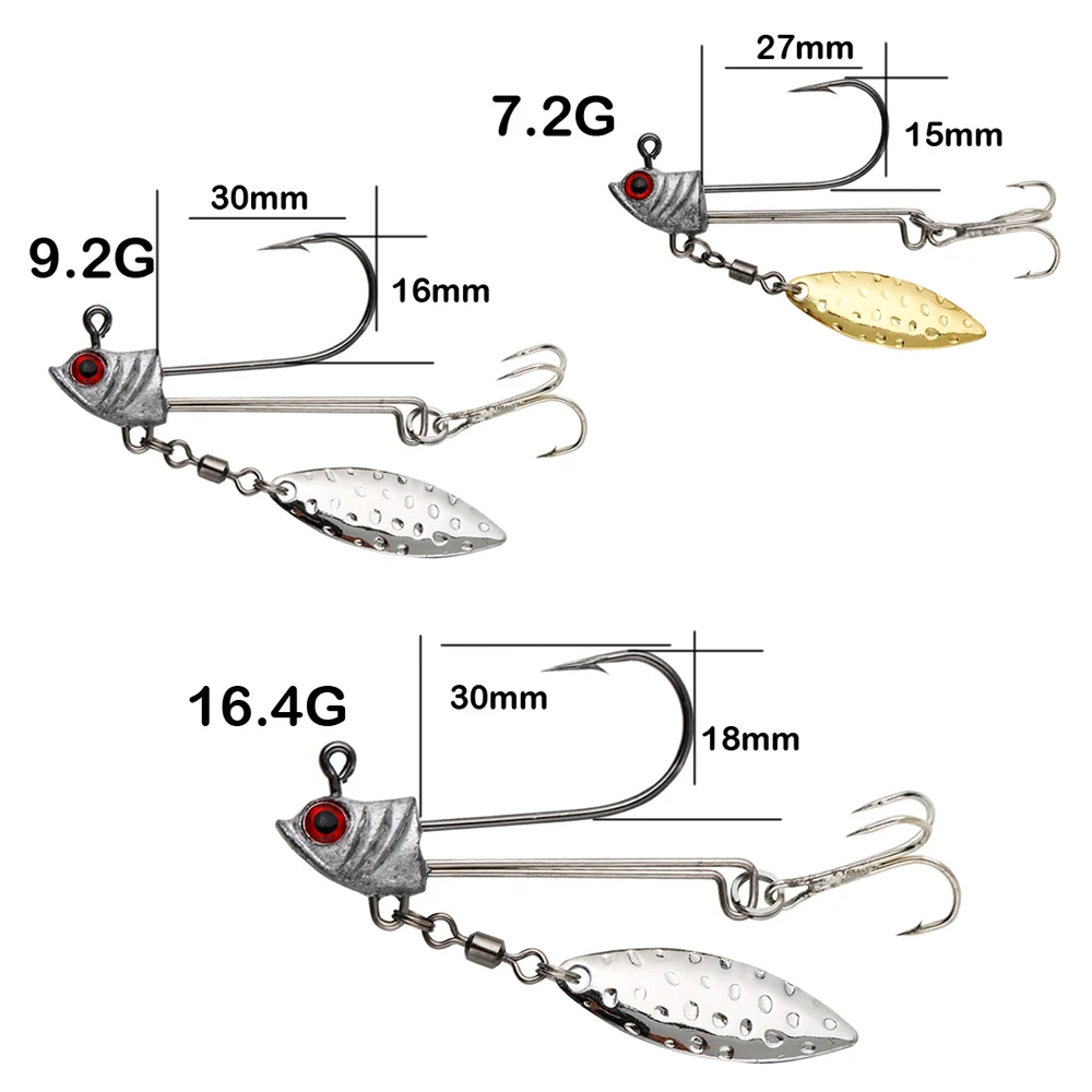 Jig Head Hook 3pcs/pkt Gold Silver 7.2g 9.2g 16.4g Fish head Weighted Hooks with Willow Leaf Blade for Soft Fishing Lures