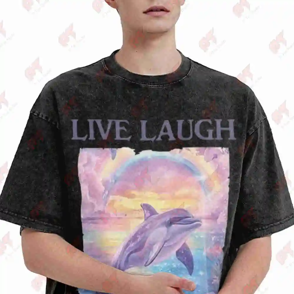 Live Laugh Lobotomy Dolphin Meme Silly Weird Vintage Washed Tee Pure Cotton T-Shirt