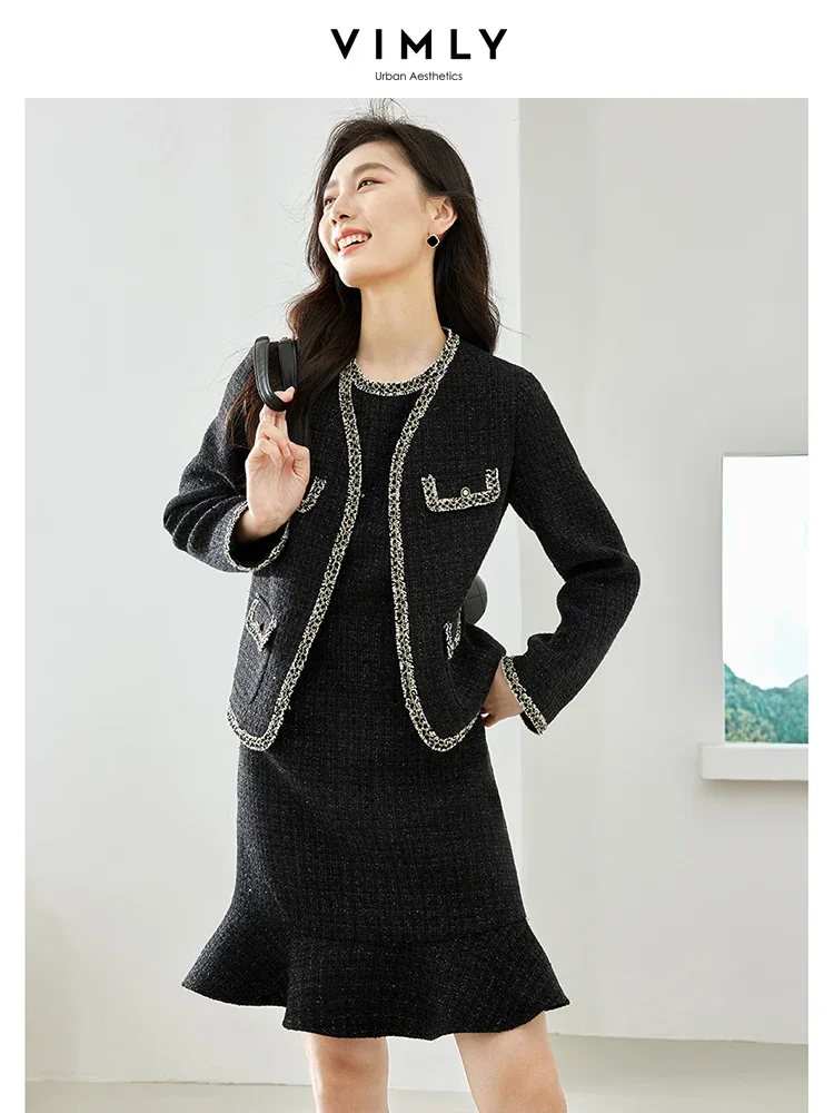 Vimly Tweed Two Piece Dress Sets for Women 2023 Autumn Elegant Outfit Slim Fishtail Dress Tweed Jacket New in Matching Set M2865