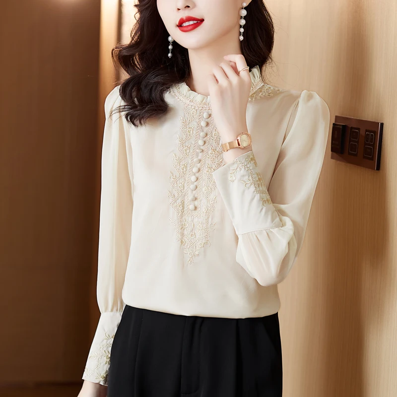 بلوزات نسائية غير رسمية قمصان مطرزة موضة فضفاضة للربيع/الصيف برقبة دائرية ملابس من الساتان بأكمام طويلة قطع علوية نسائية كورية #6