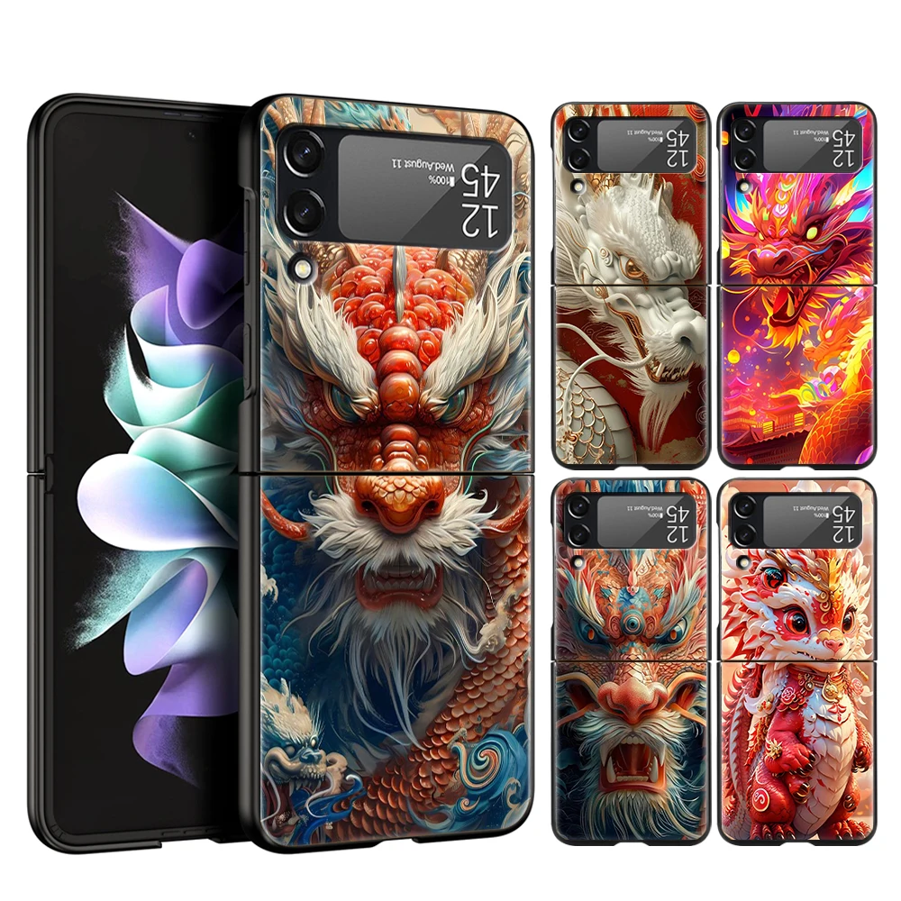 Cartoon Dragon Hard PC Phone Case For Samsung Galaxy Z Flip 6 5 4 Black Cover For Galaxy Z Flip 3 Foldable Shockproof Cases Capa