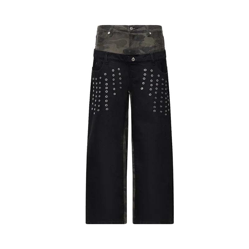 Men's Fashion Hip Hop Jeans With Rivets Double Waist High Street Loose Fit Y2K Denim Trousers With Camouflage Patchwork