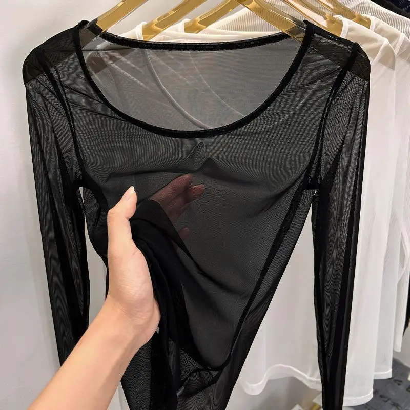 T-shirts Women See Through Summer Breathable Sexy Lady Sun-proof Fashion Korean Style Chic Soft Solid Casual Holiday O-neck Tees