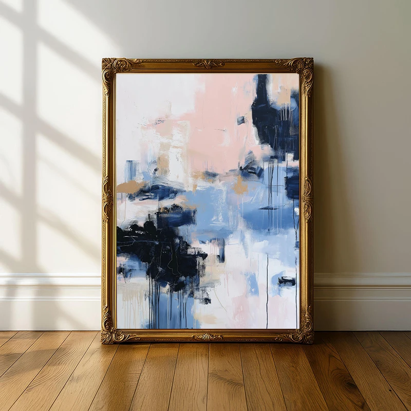 Abstract Wall Art Neutral Modern Blush Blue Minimalist Canvas Painting Poster Contemporary Textured for Living Room Home Decor