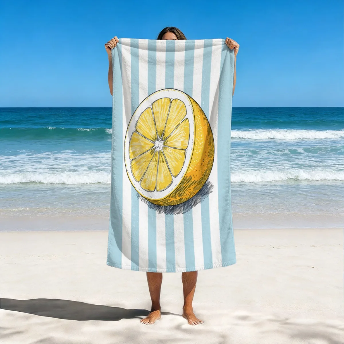 Lemon Pattern Beach Towel Soft Microfiber Light Blue White Vertical Stripe Yellow Lemon Seed Print for Swimming Travel Camping