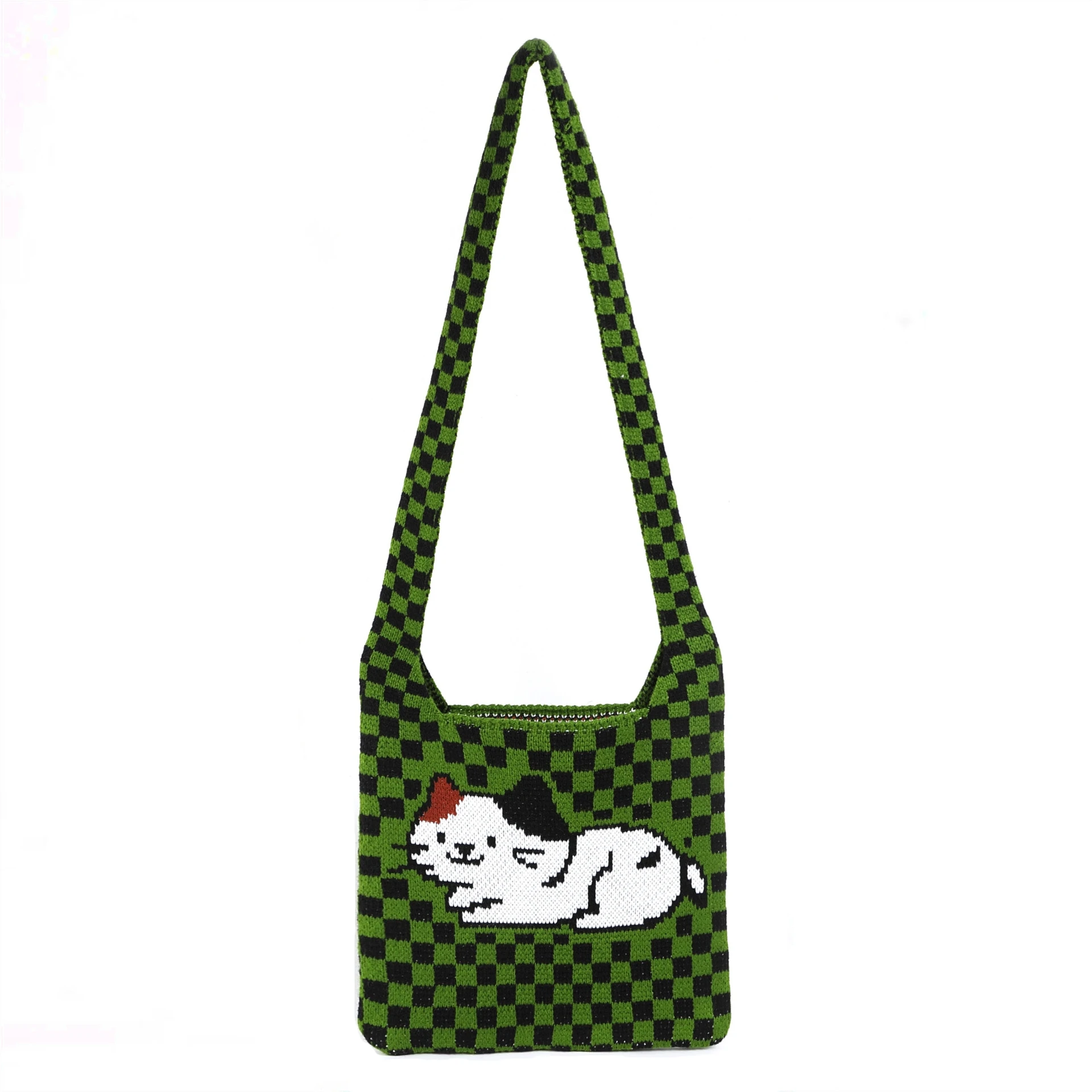 Women Crochet Cartoon Cat Pattern Medium Size Plaid Hobo Bag Teenager Casual Fashion Y2K Aesthetic Knitted Side Crossbody Bag