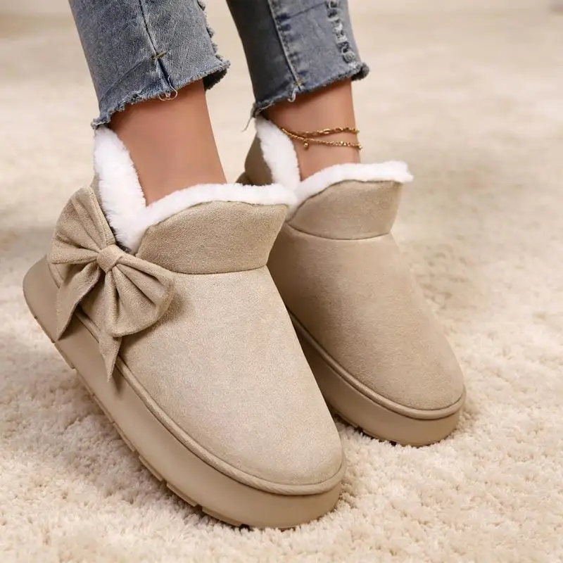 Rosa Schleifenstiefel mit Fleecefutter, Plateau-Schneestiefel für Damen, Winter-Outdoor-Stiefel mit dicker Sohle, Slip-On-Kurzstiefel für Damen, Übergrößen-Plüschstiefeletten – Detail 5