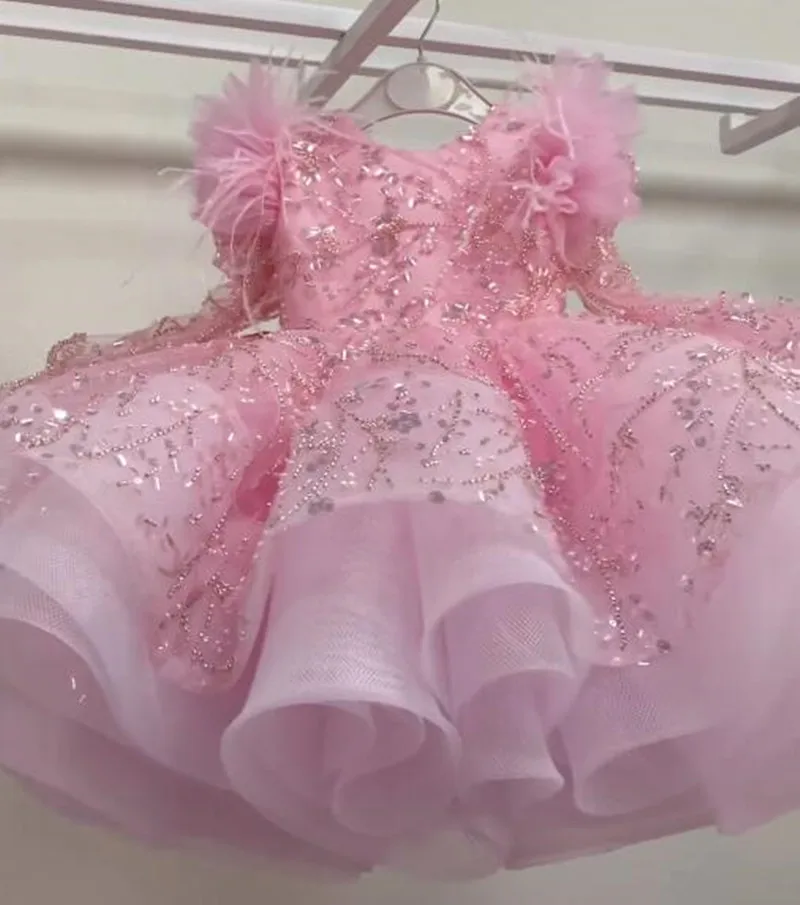 New Pink Flower Girl Dress with Long Sleeve Glitter Sequined Tutu Infant First Birthday Party Gown Communion Dress