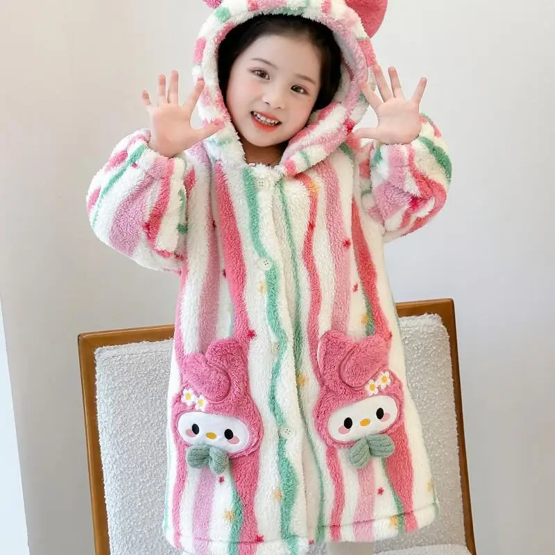 

Горячий халат Sanrio для девочек My Melody Kawaii, модные зимние детские теплые пижамы с капюшоном и длинными рукавами в стиле аниме, детская одежда