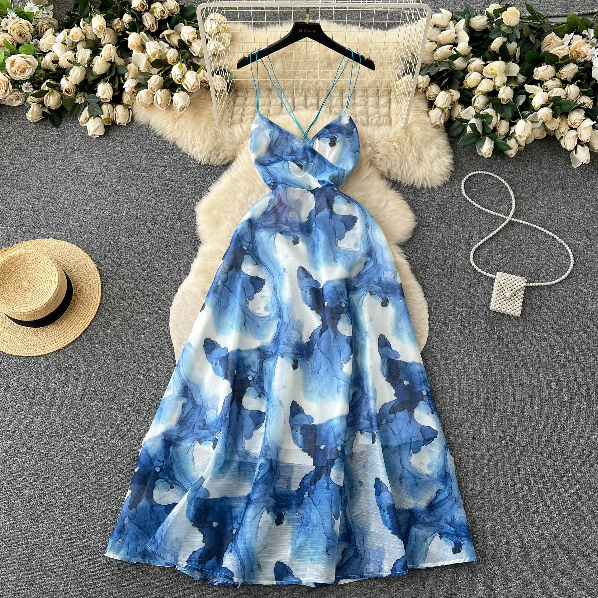 

Женское платье на бретелях-спагетти, Длинное Элегантное богемное платье во французском винтажном стиле с чернильным принтом, лето