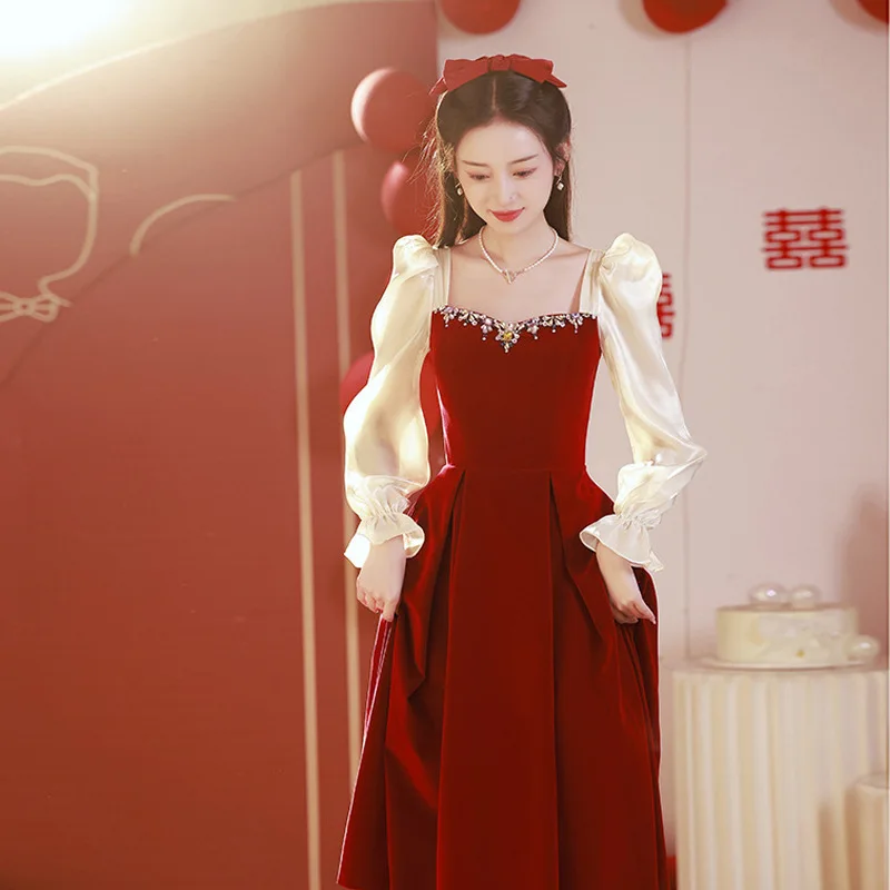 

Women's Velvet Evening Dress Elegant Diamond Long Sleeved Lapel Prom Gowns Light Luxury Patchwork Wedding Party Dresses