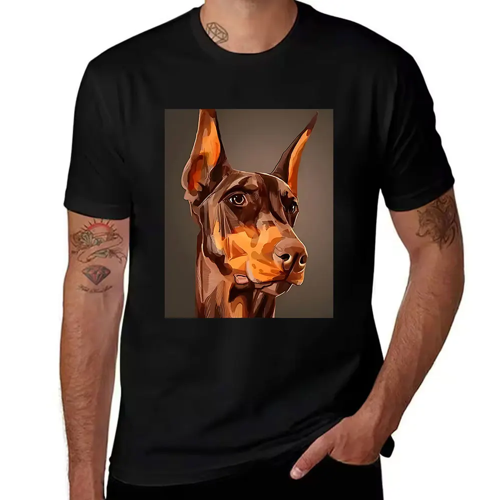 Men's Cotton T-Shirt, Stylized Brown Doberman Graphic Print, Casual Crew Neck Short Sleeve Tee for Dog Lovers