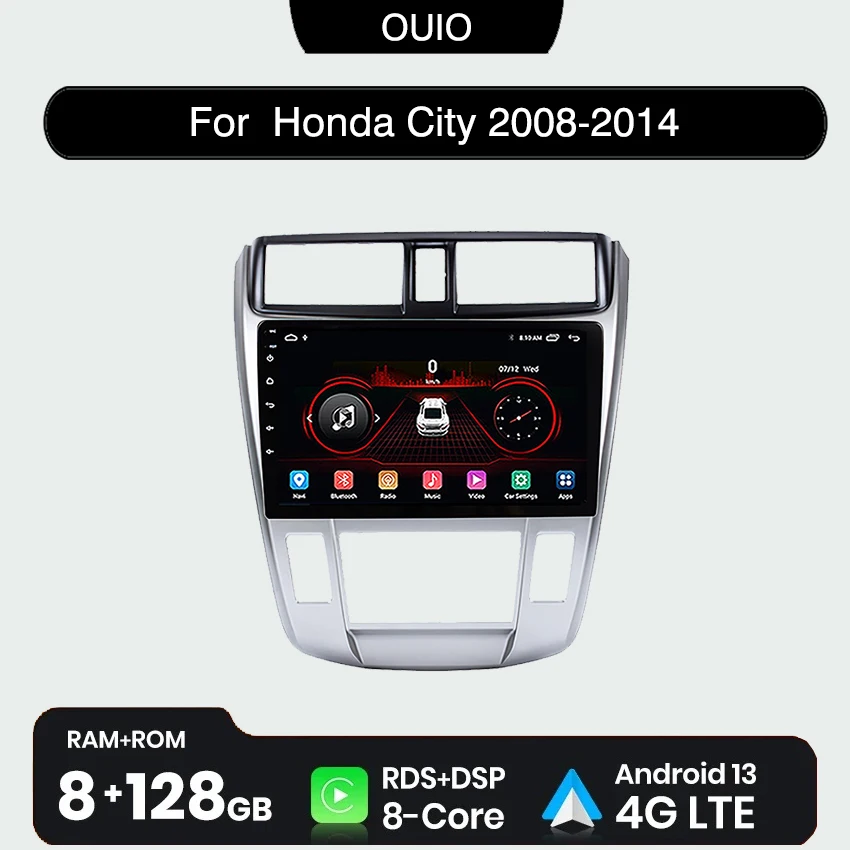 2DIN 8 ГБ + 128 ГБ Android 13 радио для Honda City 2008 2009 2010 2011 2012-2016 Автомобильный стерео мультимедийный плеер Carplay Auto GPS Navi