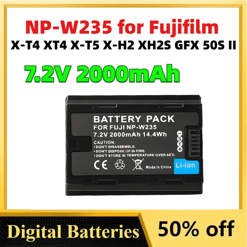 

7.2V 2000mAh NP-W235 Lithium-ion Digital Battery for Fujifilm X-T4 XT4 X-T5 X-H2 XH2S GFX 50S II Rechargeable Batteries