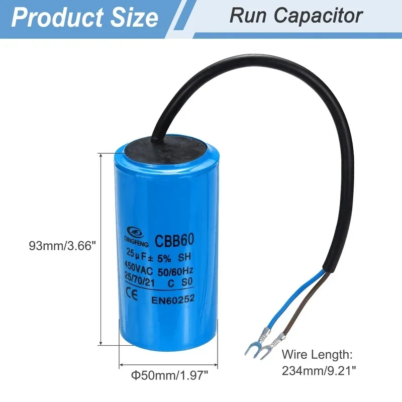 CBB60 25-45uF Running Capacitor AC 450V 2 Wires 50/60Hz for Air Compressor Motor Washing Machine Refrigerator Motor Start