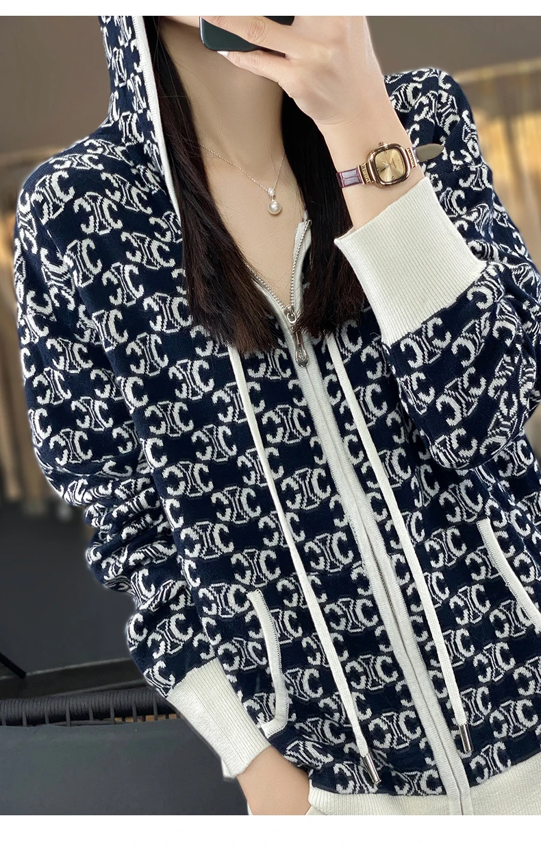 2023 Autumn New Knitted Cardigan Women\'s Long Sleeved Hooded Zippered Cardigan High Quality Printed Style Slim Knitted Cardigan