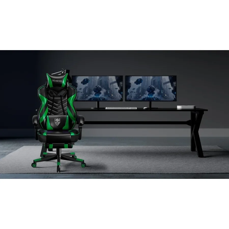 Gaming Chair for Adults, Green/Black High-Back Ergonomic Design with Pocket Spring Cushion, Lumbar Support, Footrest and Massag